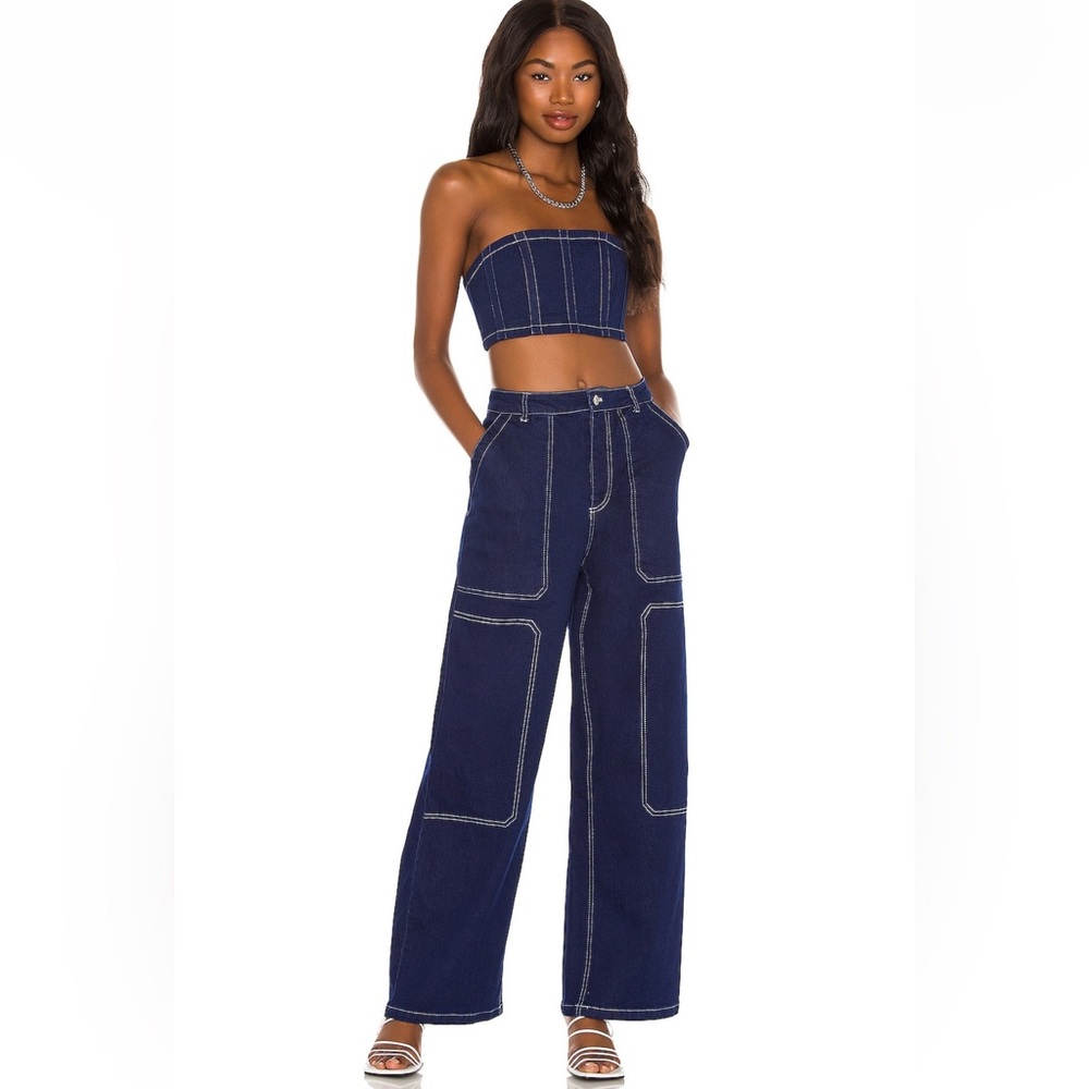 Strapless Navy Denim Crop Top & Wide-Leg Pants Set